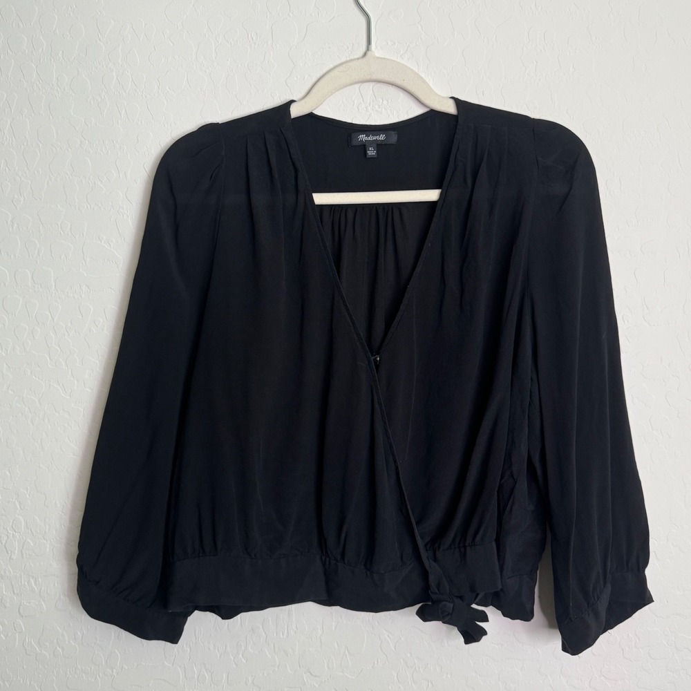 Madewell Women 100% Silk Blouse XL Black Wrap Tie Front  Blouse Office Preppy